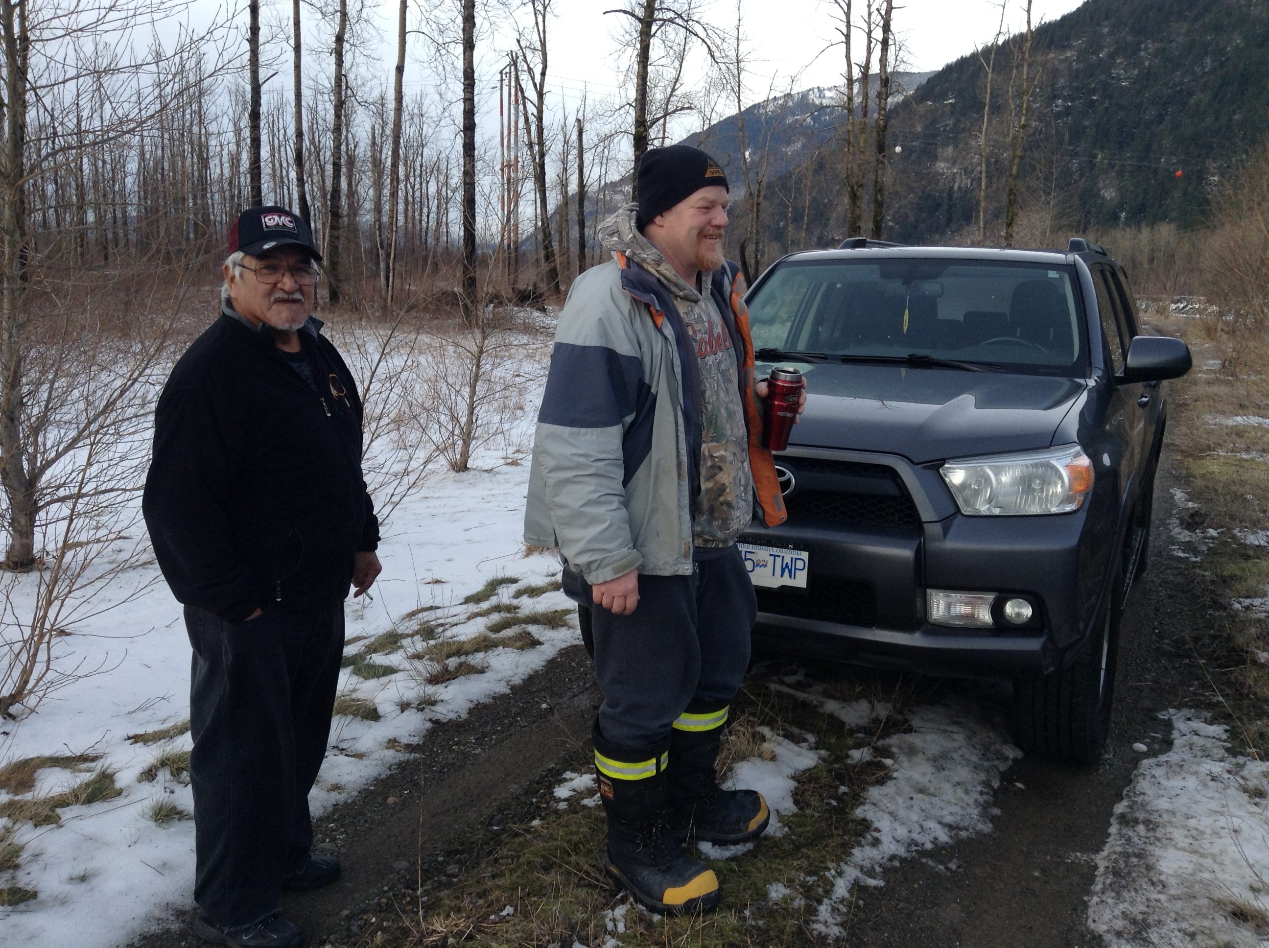 Ed Peters, left, with Darryl Kipp on Peters First Nation. 