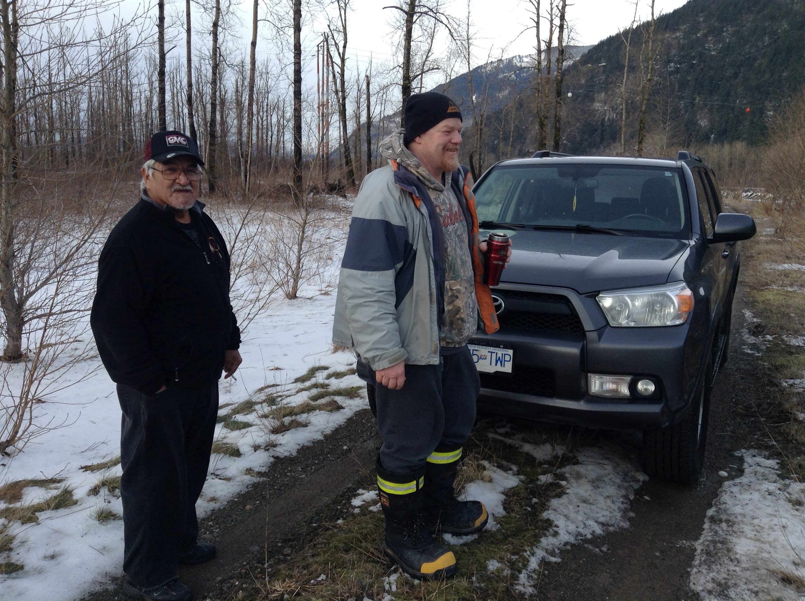 Ed Peters, left, with Darryl Kipp on Peters First Nation.