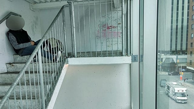 Jason up on his perch in the Rideau Centre parking lot stairwell.