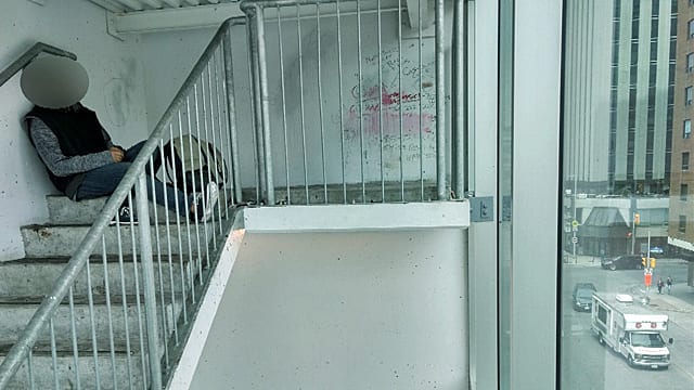 Jason up on his perch in the Rideau Centre parking lot stairwell. 