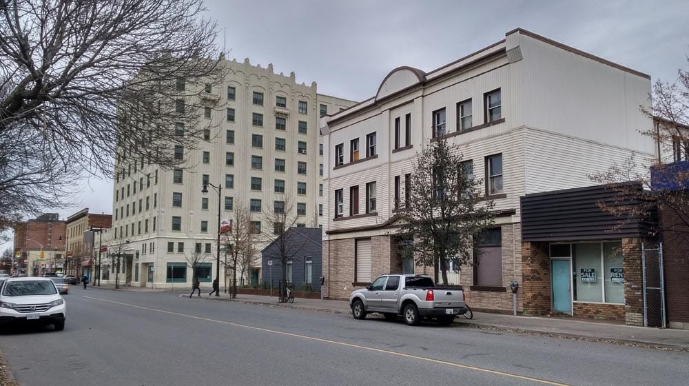 The former Royal Edward Arms on the left, and the former Odd Fellows Hall in Thunder Bay. Both now house gangs. Date: Nov 8, 2017. Photo by Kenneth Jackson