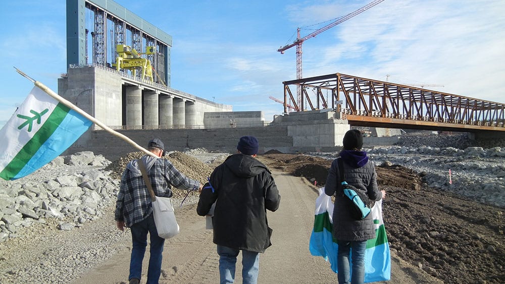 Labrador Land Protectors march onto the Muskrat Falls project site in October 2016. Photo courtesy: TheIndependent.ca