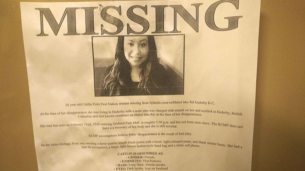 A missing person poster at the local Tim Hortons in the town of Enderby, BC where Caitlin Potts had been living with a boyfriend in 2016. Photo: Holly Moore/APTN