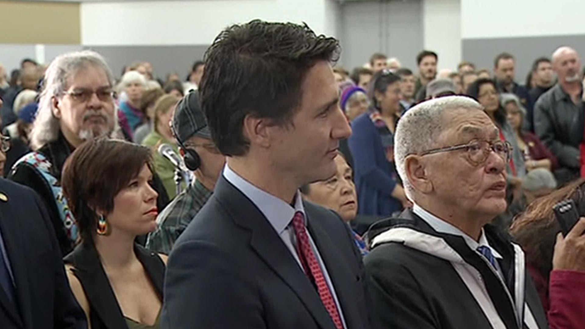 Prime Minister Justin Trudeau in the first row during ceremony unveiling Truth and Reconciliation Commission's final report into Indian residential schools. APTN/Photo