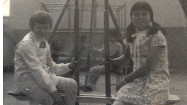 Ann Hardy and friend on deck of Camsell hospital