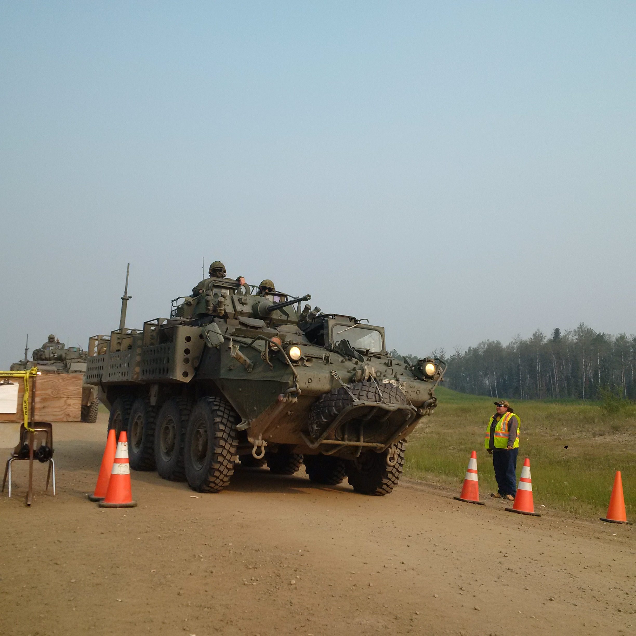 A Canadian Forces LAV rolls into Montreal Lake to continue battling flames. (APTN/Photo)