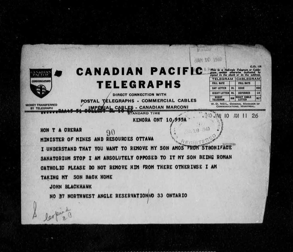 John Blackhawk telegram to the Minister of Mines and Resources