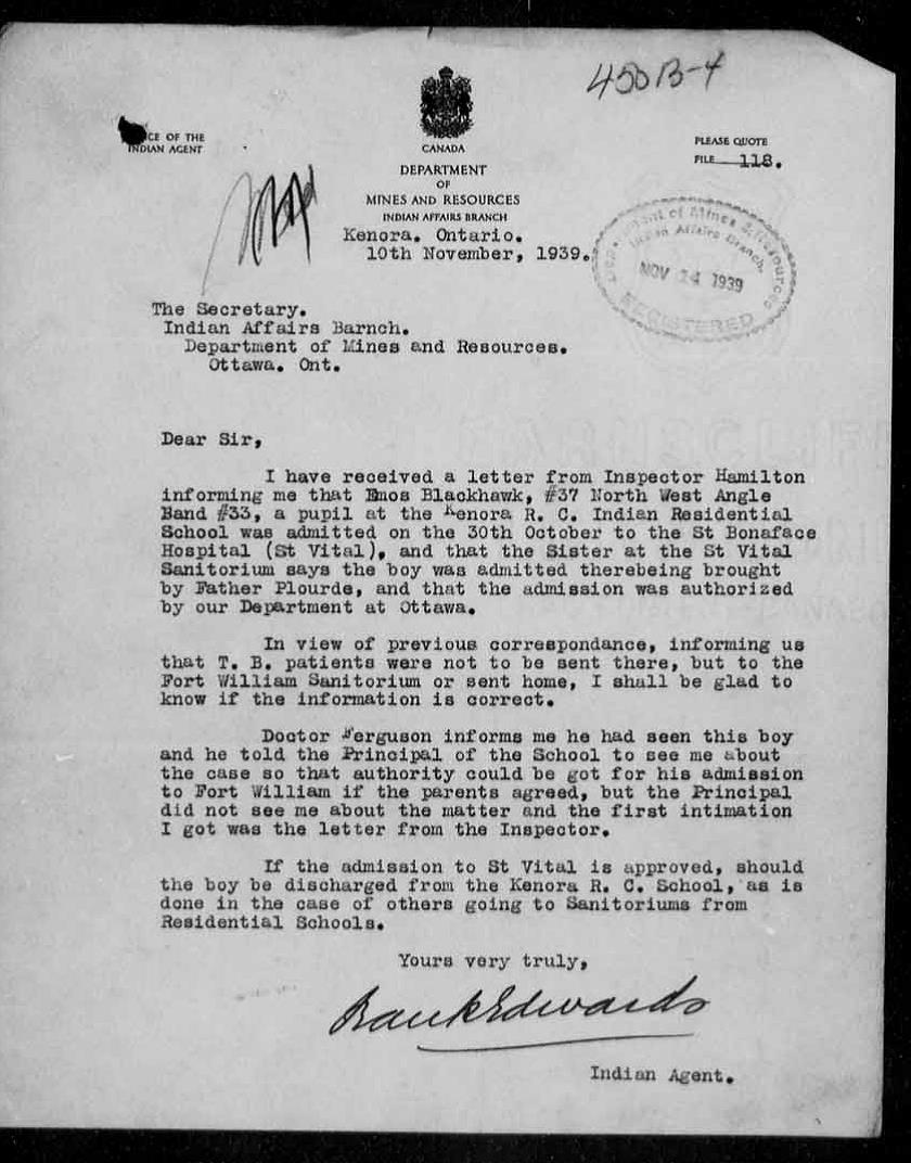 Letter from Indian Agent Frank Edwards regarding Amos Blackhawk