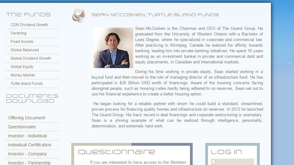 Screeshot of Worldwin website showing Sean McCoshen was linked to the Turtle Island Funds. Worldwin scrubbed McCoshen from the website this week following queries from APTN.