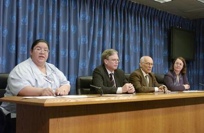 Sherry Lewis, left, as seen at the United Nations in New York in 2005 announcing the Sisters in Spirit funding. UN photo