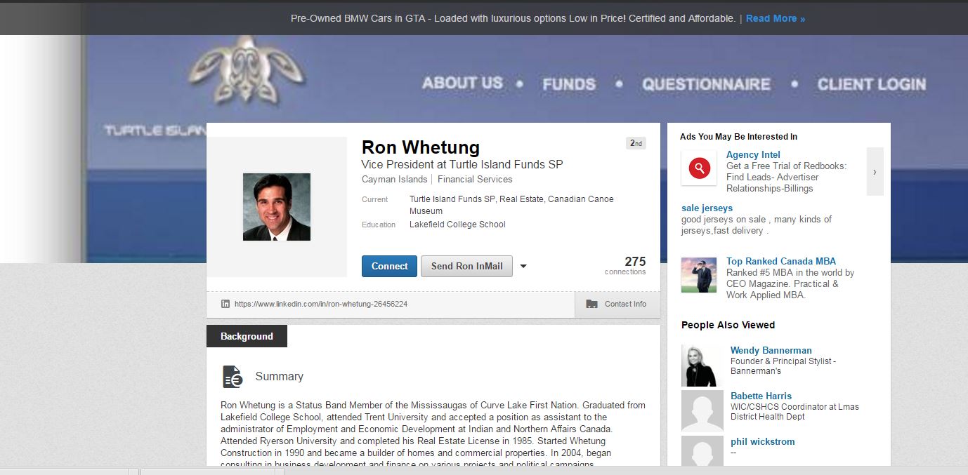 LinkedIn profile of Ron Whetung.