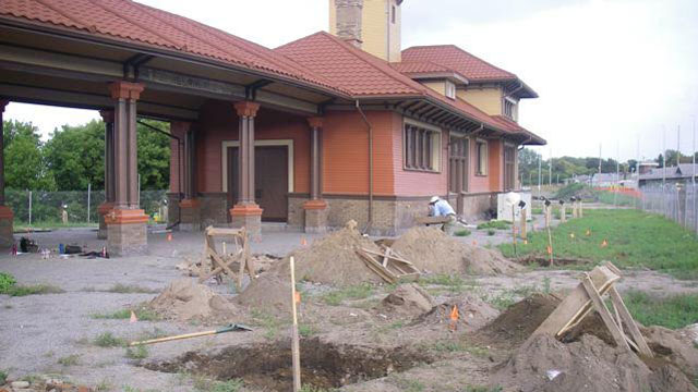 The old Allandale rail station in Barrie. In the foreground a test square can be seen where archaeologists are searching for human bones. Photo courtesy: Mike Henry 