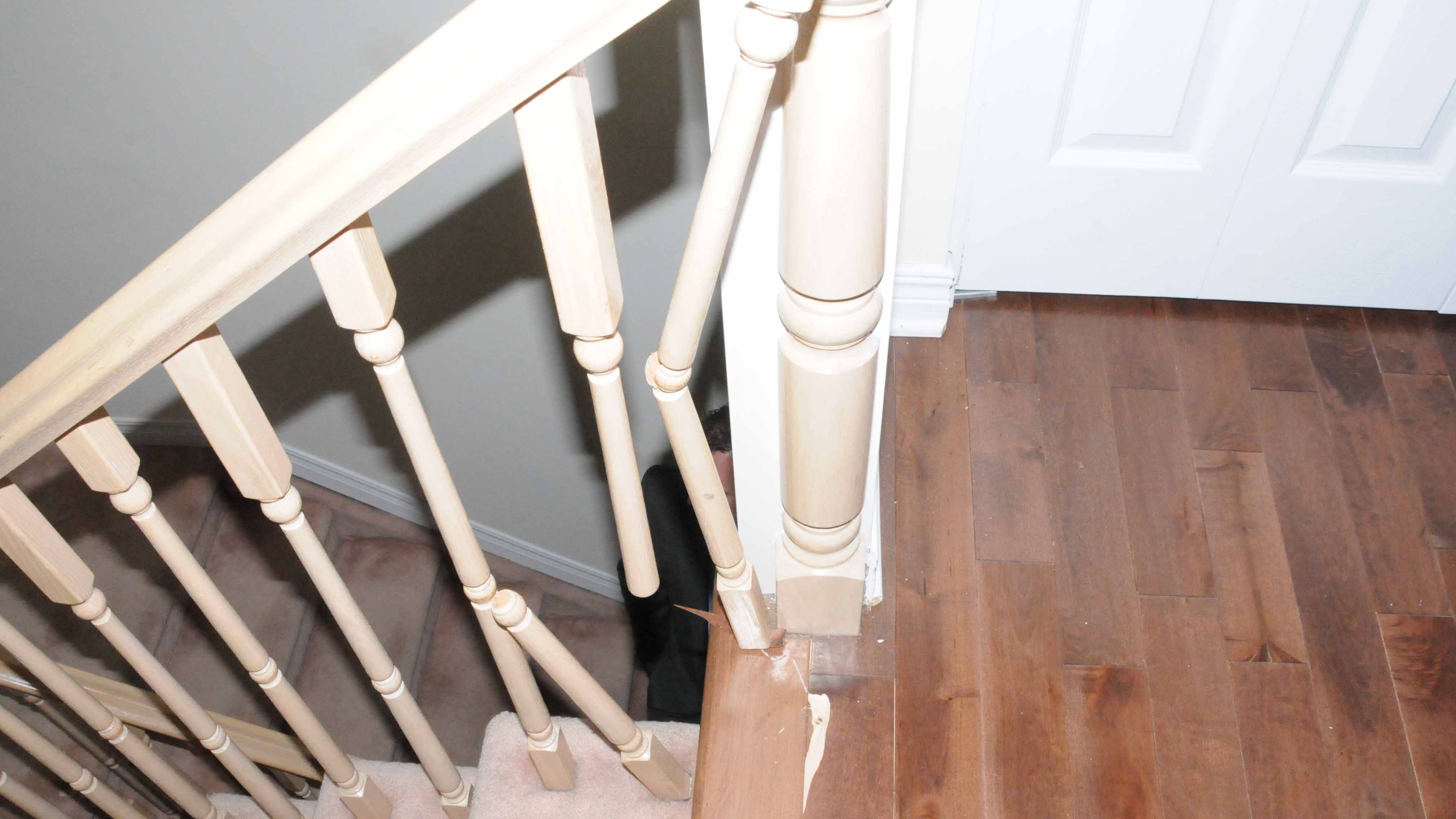 Photo of broken railing submitted as evidence in Brazeau's trial Monday.