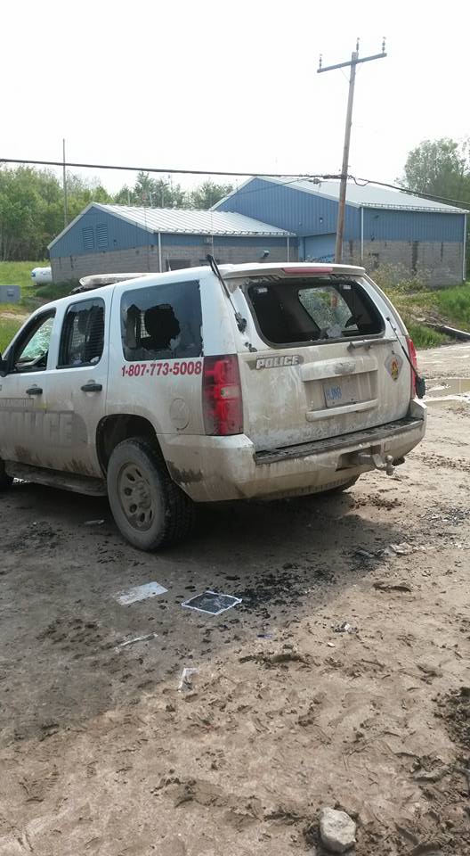 Smashed Pikangikum First Nation Police SUV. Facebook photo by Pikangkikum Chief Paddy Peters