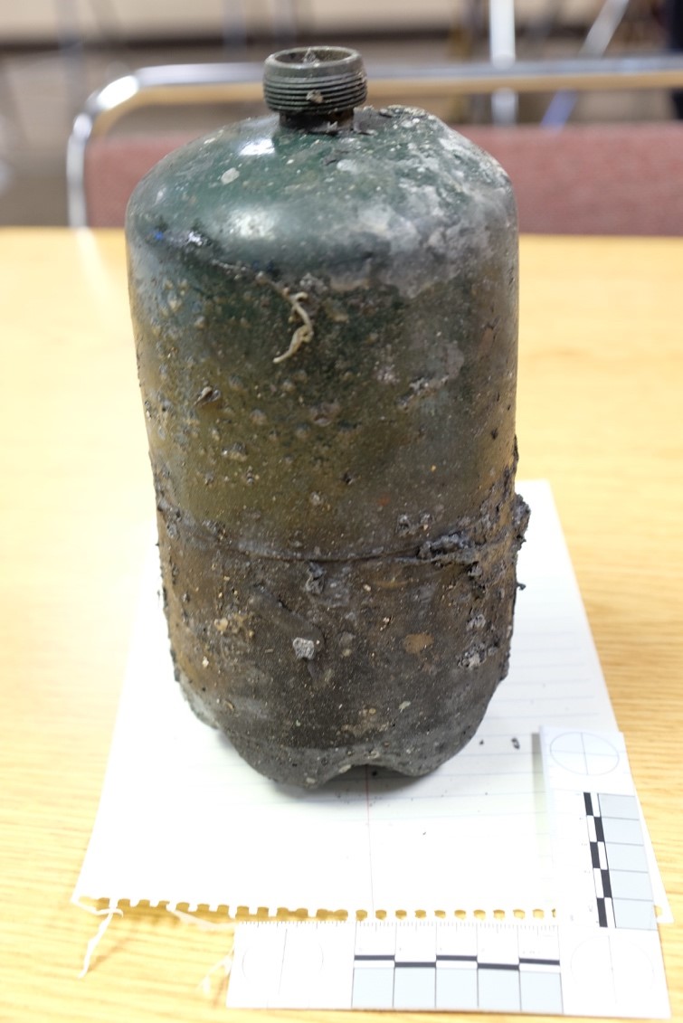 North Dakota highway patrol released this photograph of a small propane tank recovered by the Federal Bureau of Alcohol, Tobacco and Firearms on Backwater Bridge. Handout